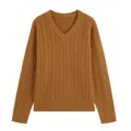 Women brown V-neck long sleeve cable knit sweater detail view showing the classic texture. - S / Tan