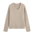 Beige V-neck cable knit sweater for women, elegant long sleeve pullover top for daily commute. - Khaki