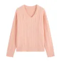 Pink V-neck knit sweater long sleeve casual pullover details showing fine cable texture. - S / Pink