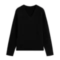 Black V-neck cable knit sweater detail, women long sleeve classic winter autumn apparel. - S / Black