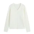 Classic white V-neck cable knit sweater for women, elegant long sleeve casual pullover top. - S / White