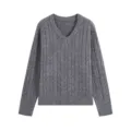 Grey V-neck cable knit sweater for women, long sleeve casual pullover top for autumn. - S / Gray