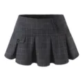 Dark gray plaid pleated mini skirt detail, featuring stylish side buttons and a small pocket. - S / Grey Plaid