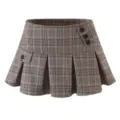 Stylish brown plaid pleated mini skirt for women, chic high waist design with button details. - S / Coffee Green Plaid