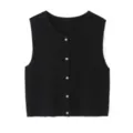 Detailed view of a black knit vest, featuring a classic round neck and elegant gold-tone buttons. - M / Tops / Black