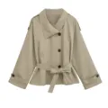 Womens short trench coat lapel button long sleeve belted loose casual jacket autumn style - S / Khaki