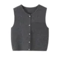 Womens dark grey knit vest cardigan, classic round neck sleeveless button down knitted waistcoat. - M / Tops / Gray