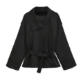 Women black lapel long sleeve short trench coat with belt stylish casual outerwear spring autumn - S / Black