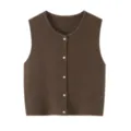 Close-up detail of stylish brown knitted button vest cardigan, soft texture, exquisite buttons. - M / Tops / Brown
