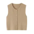 Detailed view of soft knit texture and elegant golden buttons on the stylish knitwear top. - Khaki