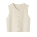 Knit vest detail view, featuring a classic round neck and pearl-like button closure. - M / Tops / Apricot