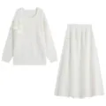 White knit sweater and midi skirt set with 3d floral detail elegant long sleeve outfit for women - S / Set / White