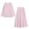 Pink knitted sweater and skirt set with 3D rose flowers for women elegant daily wear. - S / Set / Pink