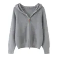 Grey knit zip-up hoodie for women, casual long sleeve sweater jacket with hood and metal zipper. - S / Gray