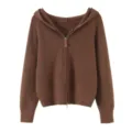 Detailed view of women brown knit zip hoodie cardigan, soft textured fabric and zipper pull. - S / Coffee