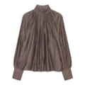 Elegant taupe high neck pleated blouse featuring long balloon sleeves and silky satin finish. - XS / Tops / Dark Brown