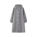 Detailed view of the stylish women's hooded long parka coat, featuring button closure and cozy fabric. - XS / Tops / Light Gray