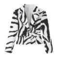 Detailansicht der eleganten schwarz-weißen Damen Blazer Jacke mit Zebra Muster und Gürtel. - S / Bedruckt