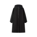 Detailed view of the black long hooded parka coat featuring front buttons and side pockets. - XS / Tops / Black