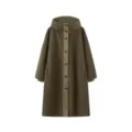 Details of the olive green hooded long parka coat featuring front buttons and spliced design. - XS / Tops / Army Green