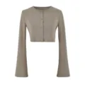 Women crop cardigan solid color long sleeve button down knit top casual daily wear detail - S / Tops / Grey Coffee