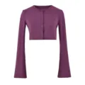 Purple knit crop cardigan featuring long flare sleeves and classic button down front design. - S / Tops / Purple