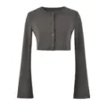 Dark grey cropped cardigan detail, slim fit knitwear with long flare sleeves and buttons. - S / Tops / Dark Gray