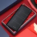 Cartera Larga Negra de Hombre de Cuero Genuino con Líneas Geométricas y Caja Regalo - Billetera Larga con Caja de Regalo / Negro