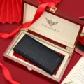 Set de cartera de cuero para hombre con estuche de madera y un diseño elegante. - Billetera Larga con Set de Caja de Madera Roja / Negro