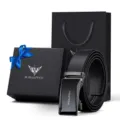 Set regalo cintura in vera pelle da uomo, fibbia automatica, confezione scatola nera. - 105cm / Gunmetal - Stile Lettera [Set Scatola Regalo]