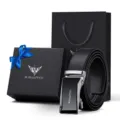 WilliamPOLO Set regalo cintura in pelle uomo fibbia automatica scatola nera - 105cm / Argento - Stile Lettera [Set Scatola Regalo]