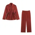 Women's safari style rust red two piece outfit, cinched waist jacket and matching pants. - XS / Top And Bottom / Red