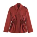 Women red utility jacket with epaulets, chest pockets and elastic waist peplum hem. - XS / Tops / Red