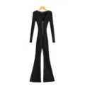 Black long sleeve knit jumpsuit with front zipper flare pants, elegant slim fit casual wear. - S / Black