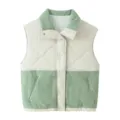 Damen Steppweste mit Teddyfell-Patchwork, Reverskragen und Reißverschlusstaschen für den Alltag. - S / Grün