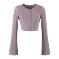 Detailed view of the elegant purple cropped cardigan featuring chic bell sleeves. - S / Cardigans / Lilac Purple