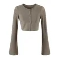 Detailed close up shot of women solid color long sleeve flare sleeve crop cardigan top - L / Cardigans / Grey Coffee