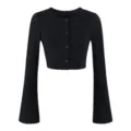 Women's black cropped cardigan with crew neck and stylish flare long sleeves top fashion - S / Cardigans / Black