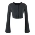 Dark grey knit cardigan detail featuring round neck, button front and trendy bell long sleeves. - S / Cardigans / Dark Gray