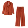 Stylish women's corduroy blazer and belted wide leg pants set, perfect for casual and work wear. - S / Top And Bottom / Brick Red