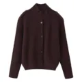 Elegant women's high collar ribbed knit cardigan sweater dark brown winter outerwear - Brown