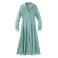 Green V-neck semi-sheer long sleeve shirt dress detail, stylish textured fabric design. - Green