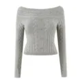 Grey off-the-shoulder cable knit cardigan sweater, slim fit button-up knitwear for women. - S / Tops / Gray