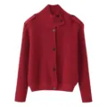 Red ribbed knit high neck cardigan sweater with black buttons and stylish shoulder epaulets. - S / Red