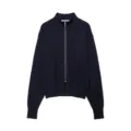 Women's mock neck zip knit cardigan in deep navy blue, featuring long sleeves and ribbed hem. - S / Tops / Black