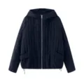 Detailed view of women black hooded quilted cotton jacket zipper loose casual outerwear wear. - Navy Blue