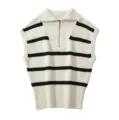 Vrouwen gebreide mouwloze vest gestreept casual polokraag halve rits pullover top mode - Eén maat / Wit