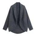 Cárdigan de punto gris para mujer con dobladillo irregular y cuello chal elegante. - S / Tops / Gris oscuro