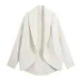 Cárdigan de punto blanco abierto por delante, cuello chal informal vista de detalle. - S / Tops / Blanco