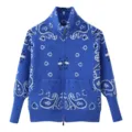 Blue paisley knit zip cardigan detail, stand collar fashion casual sweater close up view. - Blue